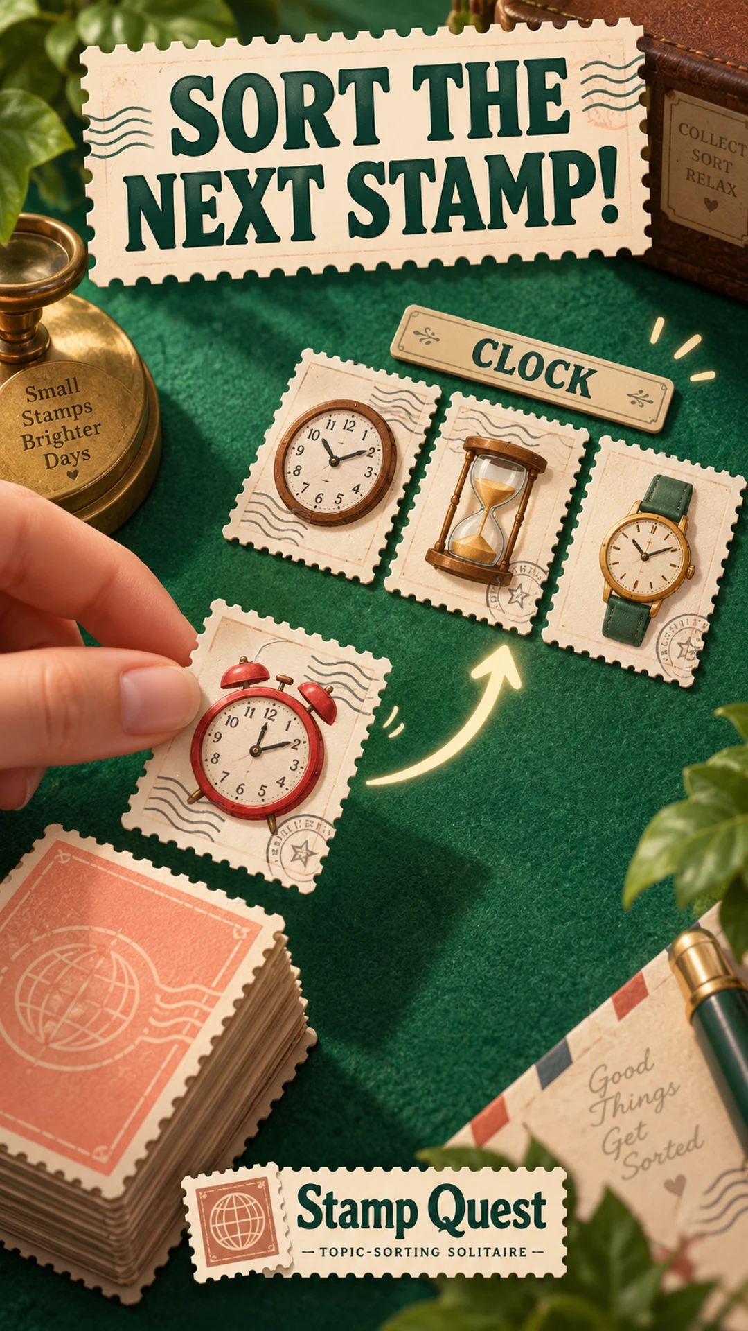 Promotional illustration of a clock stamp drawn toward a matching topic